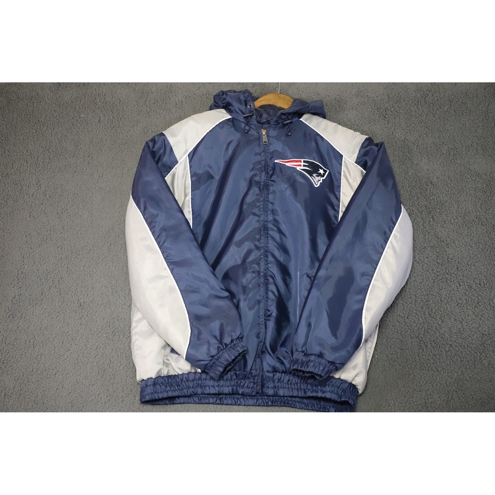 Vintage NFL Windbeaker Jacket Mens L Blue New England Patriots Full Zip Hodded
